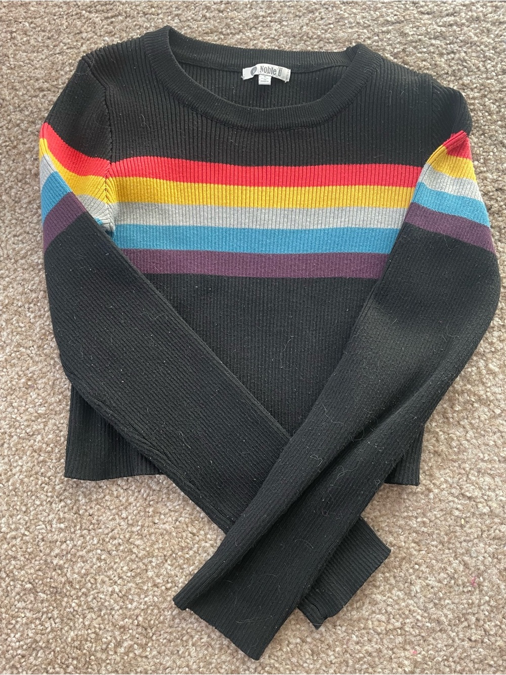 Noble U Black Ribbed Crewneck Sweater with Rainbow Stripes